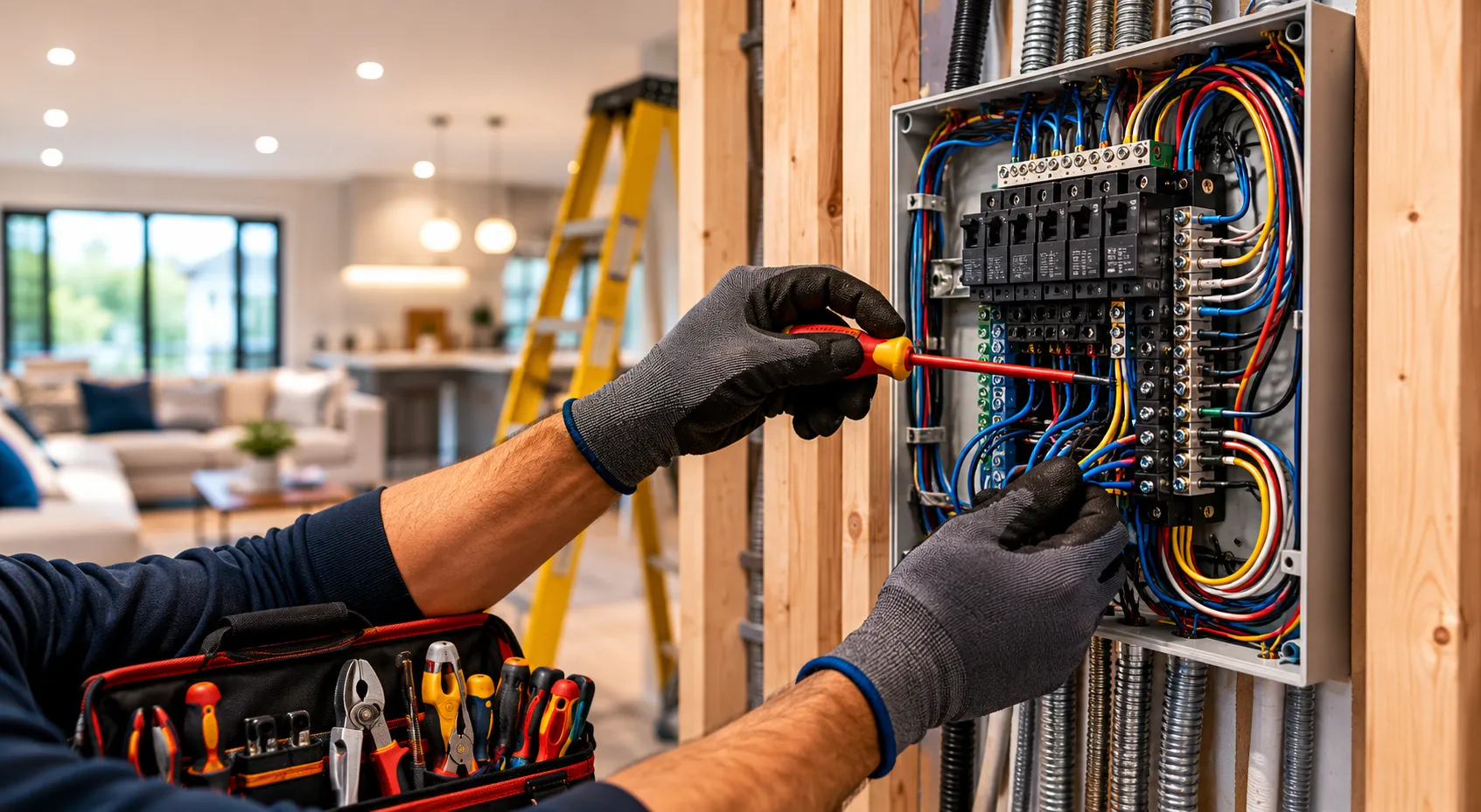 Licensed Electrician working on wiring in a Vancouver Island home